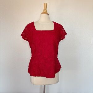 Liz Claiborne Solid Red Lace Short Sleeve Blouse